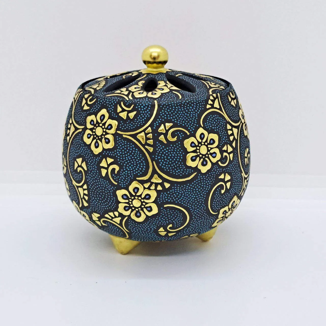 九谷焼香炉／渦打青粒盛金宝相華文　【三代仲田錦玉】