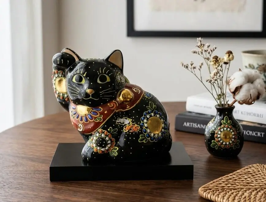 希少 九谷焼 クタニヤキ サライ 黒金色 金彩 縁起 招き猫 金運 開運 厄除 幸運と魔除けを呼ぶ。 九谷焼「黒盛」招き猫の圧倒的な存在感 | 豊月堂
